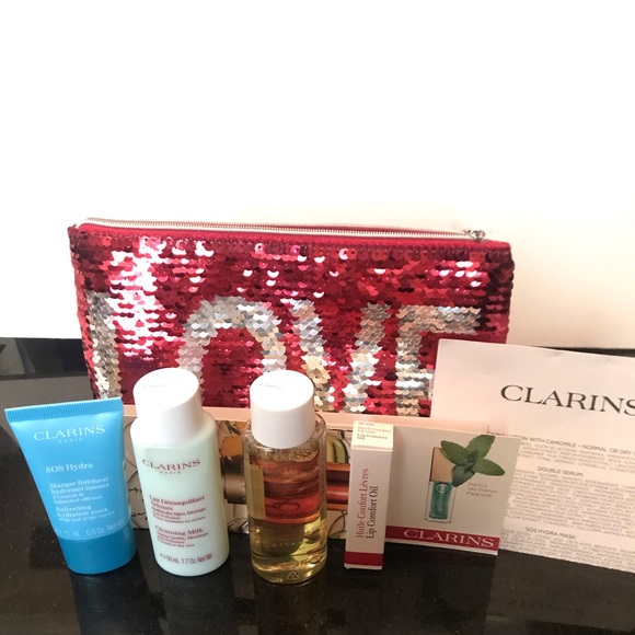 Sequin zipper LOVE pouch w/ Clarins Travel sz - Picture 4 of 6